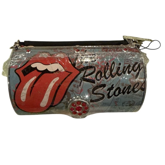 the Rolling Stones Handbags - Rolling Stones Art Cylinder Metal Tin Tote (purse), manufactured by Vandor